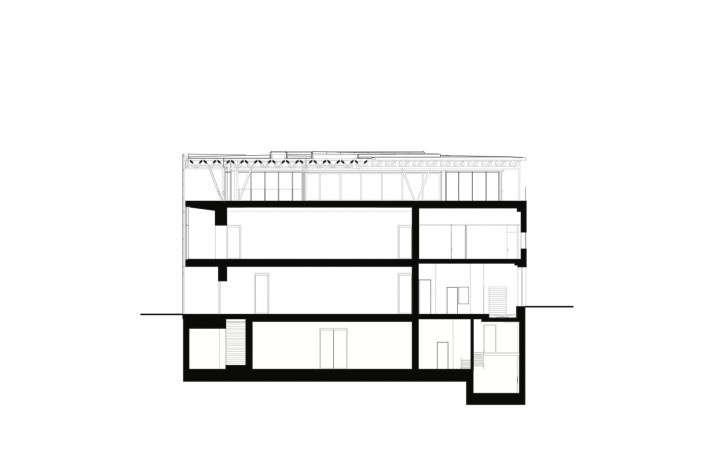 New Aspen Art Museum, Colorado, north/south section. Shigeru Ban Architects