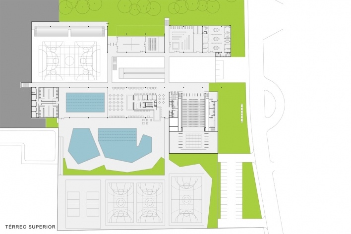 Concurso de Propostas Arquitetônicas para o futuro SESC Guarulhos, 1º lugar, térreo superior. Arquitetos Renato Dal Pian e Lilian Dal Pian<br />Desenho do escritório 