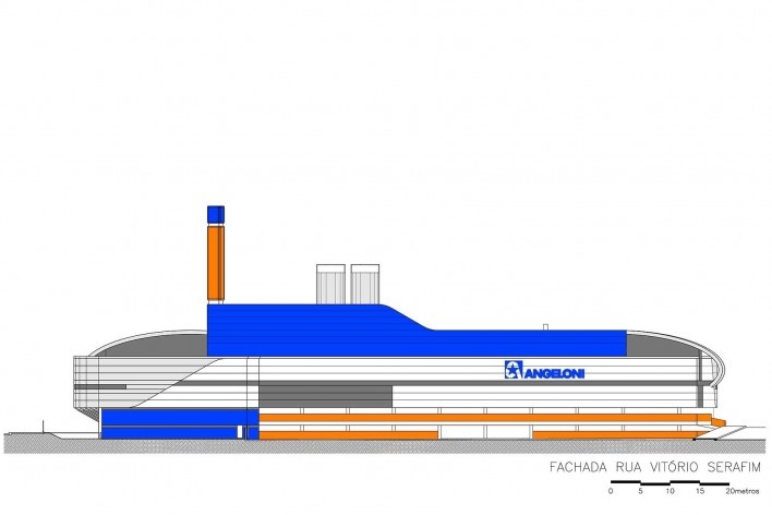 Supermercado Angeloni, elevação, Criciúma, 1976-1978 (original) e 2009-2011 (reforma e ampliação). Douglas Piccolo Arquitetura