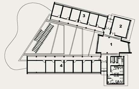 Planta Administração. 1. Recepção; 2. Renuniões e biblioteca; 3. Equipe fauna; 4. Equipe flora<br />Imagem dos autores do projeto 