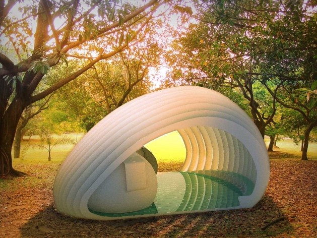 Projeto de quiosque para parques públicos de São Paulo, vista do quiosque ao entardecer, Angela Ishibashi e Rafael Derderian. 2º. prêmio categoria estudantes, 2009.
