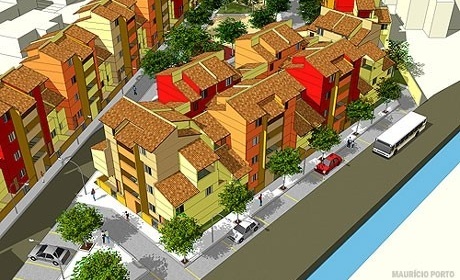 Perspectiva aérea do conjunto - destaque para o bloco A<br />Imagem dos autores do projeto 