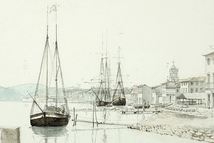 Brasil, Santos, Porto de Santos (detalhe da imagem anterior)<br />William John Burchell  [Collection Museum Africa, Johannesburg]