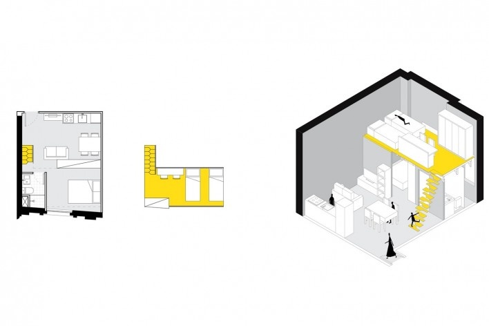 Reabilitação de edifício para habitação popular, tipologia de unidade habitacional. Debora Portugheis, Gabriela Xavier, Gustavo Ramos e Mariana Souto, FAU USP<br />3º lugar 
