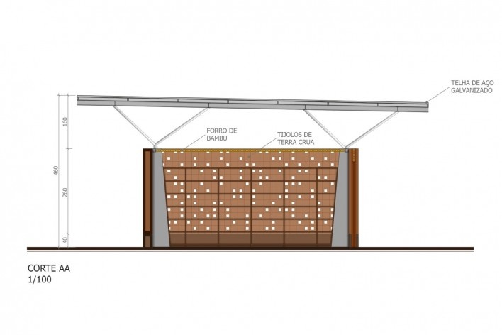 Corte - Pavilhão da arquitetura em terra<br />Desenho Abiola Akandé Yayi e Robert Soares 