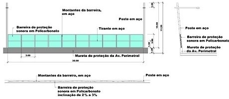 Vistas frontal e lateral e planta da barreira projetada<br />Imagem dos autores do projeto 
