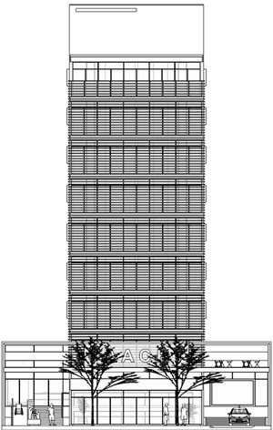 Nova Sede da AACRT – Associação dos Aposentados da Companhia Riograndense de Telecomunicações, fachada principal – nordeste. Moojen & Marques Arquitetos Associados + Arquiteto Cláudio Ferraro, 2008<br />Desenho escritórios 