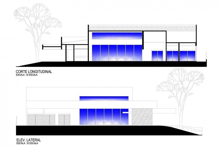 Residência FJR, corte longitudinal e elevação lateral, Marília SP Brasil, 2018. Arquitetos Alfredo Ramos e Silvia Siscar/ Trí Arquitetura<br />Imagem divulgação  [Trí Arquitetura]