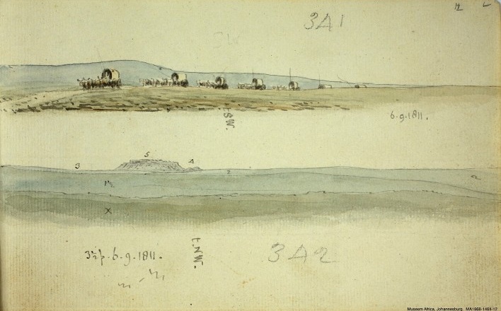 África do Sul: (a) A caravana, n. 341, 6 set 1811; (b) Spionberg, n. 342, 6 set 1811<br />William John Burchell  [Collection Museum Africa, Johannesburg]