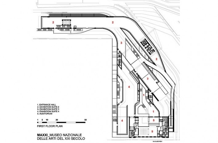MAXXI – Museu de Arte e Arquitetura do Século XXI, planta 1º pavimento, Roma. Arquiteta Zaha Hadid