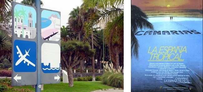 Sinalização turística na Grande Canária, Ilhas Canárias, e cartaz turístico das Canárias. Fotos Luis Roca Arencibia