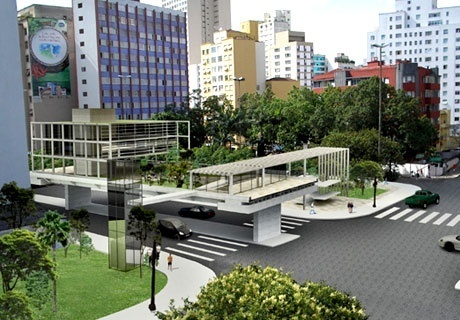 Proposta de ocupação do trecho mantido na Praça Marechal Deodoro. Vista nordeste à sudoeste<br />Imagem do autor do projeto 