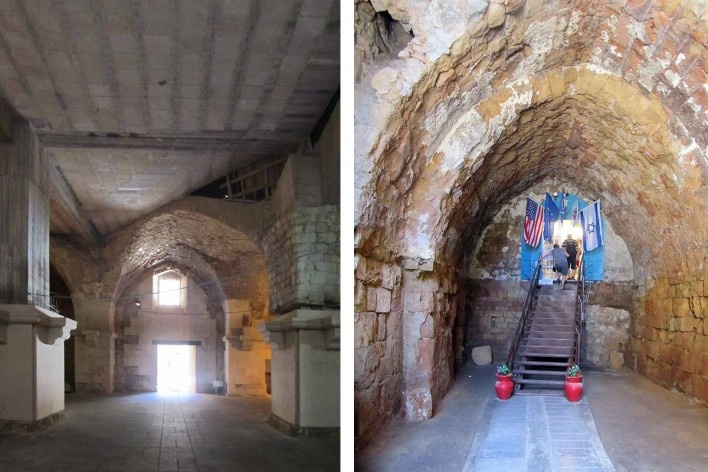 À esquerda, São João de Acre, estrutura definitiva com o reforço dos elementos originais. À direita, São João de Acre, mercado atual de onde se interliga o acesso para a cidade subterrânea<br />Foto Victor Hugo Mori 