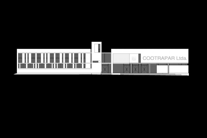 Cootrapar – cooperativa de trabajadores de aceros del Paraguay. Fachada principal. Arq. Luis Alberto Elgue y Arq. Cynthia Solis Patri. Villa Hayes, Paraguay. 2007 – 2008.