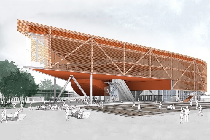 Concurso Anexo da Biblioteca Nacional, perspectiva, Rio de Janeiro, 1º lugar, arquiteto Hector Ernesto Vigliecca Gani<br />Imagem divulgação 