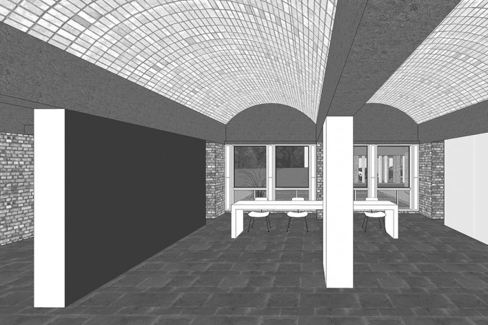 Casa Sarabhai, vista interna do edifício, Shadibag, Ahmedabad, India, 1952-55. Arquiteto Le Corbusier<br />Modelo tridimensional Matheus Bragagnolo / Imagem Edson Mahfuz 