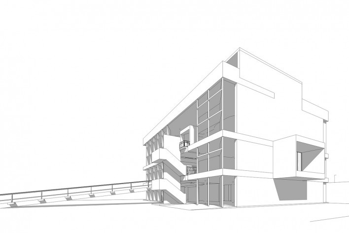 Associação da Indústria Têxtil, vista externa do edifício, Ahmedabad, Gujarat, Índia, 1954. Arquiteto Le Corbusier<br />Elaboração/ Elaboración Edson Mahfuz 