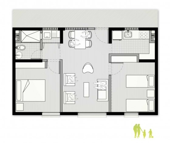 Exemplo de planta do apartamento. Concurso Habitação para Todos. CDHU. Edifícios de 6/7 pavimentos - 1º Lugar.<br />Autores do projeto  [equipe vencedora]