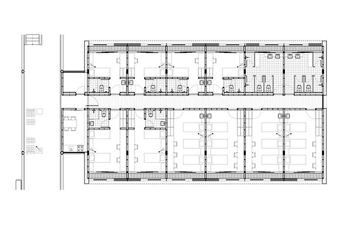 Dormitórios e alojamentos para professores e estudantes, planta ampliada do tipo. Sic Arquitetura, 2008<br />Desenho escritório 