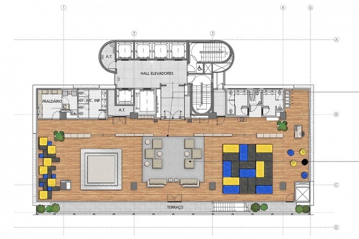 Sesc Avenida Paulista, planta 1º pavimento - espaço criança, escritório Königsberger Vannucchi, 2018<br />Imagem divulgação  [Königsberger Vannucchi Arquitetos Associados]