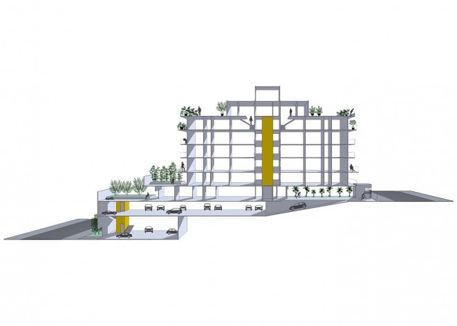 Edifício VDA, corte, Belo Horizonte. Arquiteto Carlos M Teixeira<br />Desenho divulgação 