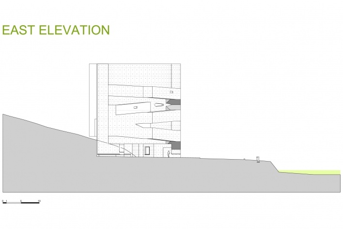 Sede da Fundação Iberê Camargo, elevação leste. Arquiteto Álvaro Siza, 2008<br />Desenho escritório 