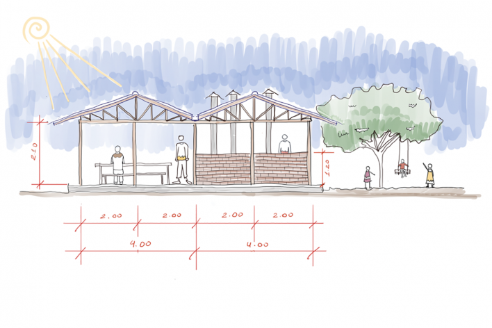 Refeitório e Centro de Nutrição, croquis centro de nutrição, Campo da Paz, Madagascar, 2021. Arquitetos Dante Furlan, Bruno Milan, Lais Santos, Daniella Matavelli, Priscila Alexandre / Bernardes Arquitetura/Arquitetura Sem Fronteiras<br />Imagem divulgação  [Bernardes Arquitetura]