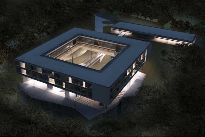 Alojamento em Campos do Jordão, vista aérea noturna, Campos do Jordão. MMBB Arquitetos, 2009<br />Modelo eletrônico Marcelo Yukio Nagai, Vito Macchione e Yuri Vital 