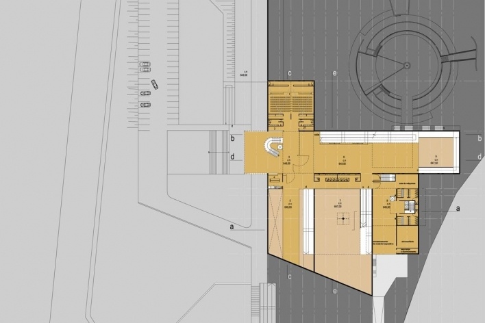 Concurso Internacional para Projeto Arquitetônico do Museu Exploratório de Ciências da Unicamp, planta do subsolo, menção honrosa. Arquitetos Fábio Boretti, Bernardo Telles e Luis Alexandre Pereira Pinto, 2009<br />Desenho equipe 