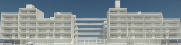 Perspectiva geral. Concurso Habitação para Todos. CDHU. Edifícios de 6/7 pavimentos - 2º Lugar.<br />Autores do projeto  [equipe premiada]