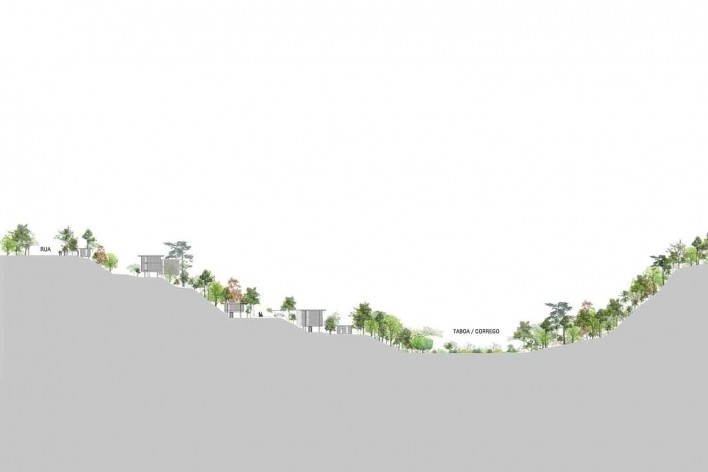Vila Taguaí, corte geral da implantação, Carapicuiba SP, 2007-2010. Arquitetos Cristina Xavier (autora), Henrique Fina, Lucia Hashizume e João Xavier (colaboradores)