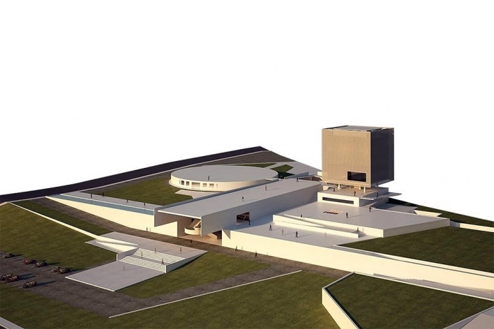 Concurso Internacional para Projeto Arquitetônico do Museu Exploratório de Ciências da Unicamp, vista aérea do museu, menção honrosa. Arquitetos Fábio Boretti, Bernardo Telles e Luis Alexandre Pereira Pinto, 2009<br />Imagem equipe 