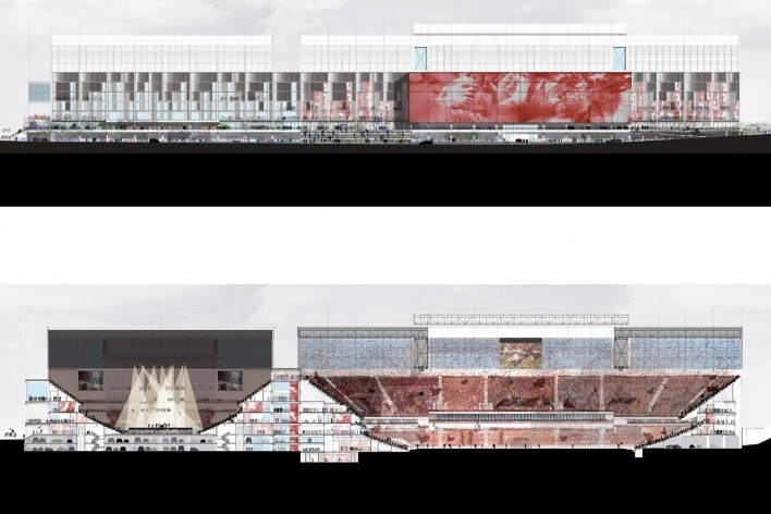 Complexo Esportivo e Cultural Clube Atlético Paranaense, elevação e corte do complexo, Curitiba. Arquiteto Carlos Arcos<br />Imagem divulgação 
