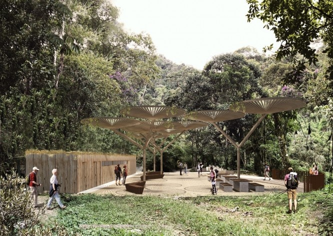 Parque Nacional de Itatiaia, maquete eletrônica do Complexo Maromba (praça Maromba parte baixa / sistema construtivo seguindo o existente e woodframe e módulos de cobertura em madeira laminada colada), Rio de Janeiro Brasil / Minas Gerais Brasil, 2017. Ar<br />Imagem divulgação  [Acervo Natureza Urbana]