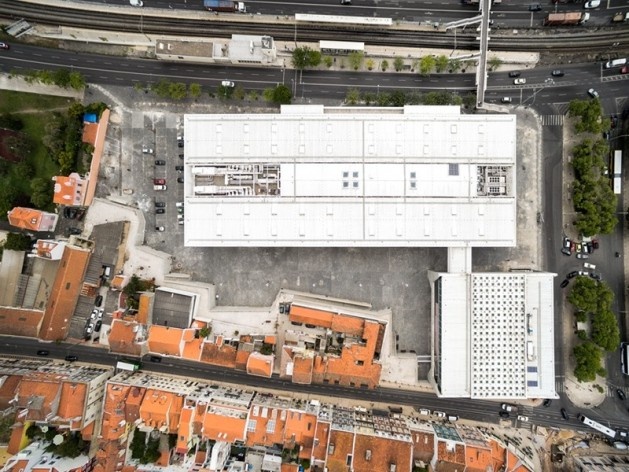 Museu Nacional dos Coches, vista aérea do conjunto, Lisboa. Arquiteto Paulo Mendes da Rocha, MMBB arquitetos e Bak Gordon arquitetos<br />Foto Fernando Guerra  [FG+SG Architectural Photography]