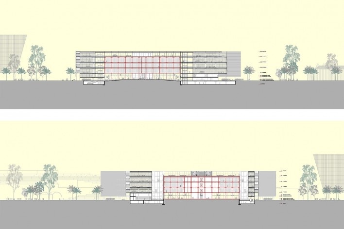 Concurso Anexo da Biblioteca Nacional, cortes longitudinais, Rio de Janeiro, 2º lugar, arquitetos Eduardo de Almeida, Helena Ayoub, Cesar Shundi Iwamizu<br />Imagem divulgação 