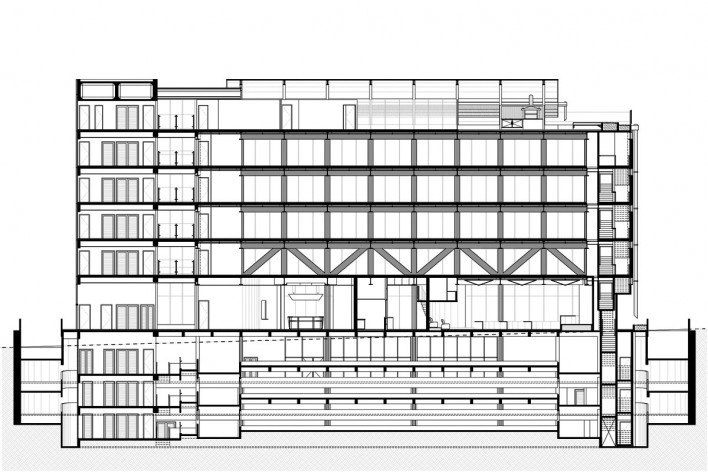 Edifício Sede do Confea, corte longitudinal, Brasília DF. Pedro Paulo de Melo Saraiva Arquitetos Associados