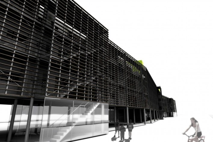 Perspectiva – vista frontal (acesso). Concurso Habitação para Todos.CDHU. Edifícios de 4 pavimentos- 2º lugar.<br />Autores do projeto  [equipe premiada]
