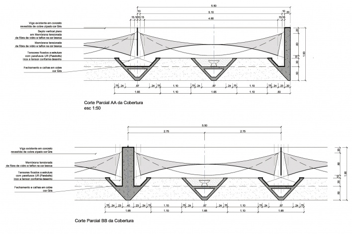 Proposta para Sobre-Cobertura do Edifício Vilanova Artigas, sede da FAU-USP, cortes parciais da cobertura AA e BB. Arquiteto Pedro Paulo de Melo Saraiva, 2009<br />Imagem escritório 