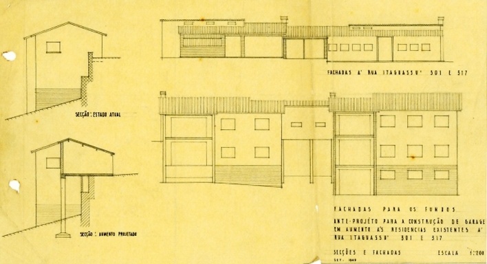 Desenho original da casa De Benedetti. Cortes e elevações<br />Acervo proprietário  [Pesquisa Fernando Serapião]
