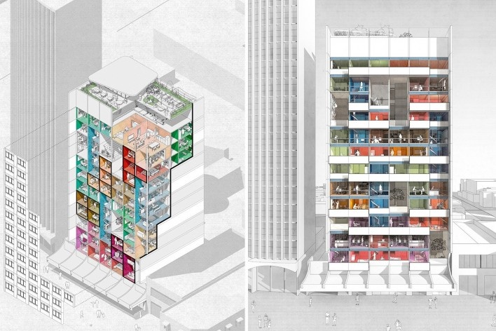 H.O.M.E. — Housing and Office Modular Environment, isométrica em corte da tipologia e perspectiva da nova fachada mista, São Paulo, 2020. Arquitetos Ricardo Gonçalves, Matheus Marques, Rolando Figueiredo e Luisa Favilla / Hiperstudio<br />Imagem divulgação  [Hiperstudio]