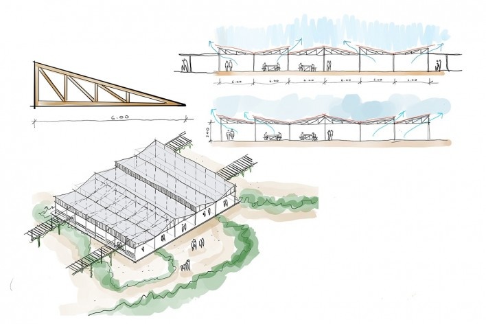 Refeitório e Centro de Nutrição, croquis refeitório, Campo da Paz, Madagascar, 2021. Arquitetos Dante Furlan, Bruno Milan, Lais Santos, Daniella Matavelli, Priscila Alexandre / Bernardes Arquitetura/Arquitetura Sem Fronteiras<br />Imagem divulgação  [Bernardes Arquitetura]