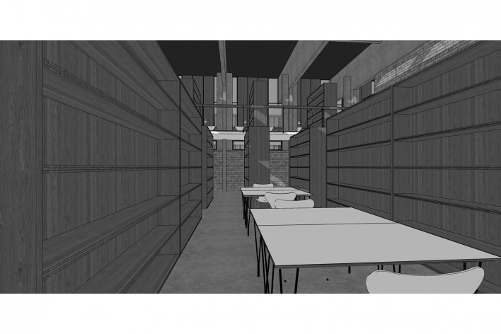 Saint Catherine’s College, vista interior da biblioteca, Oxford, Inglaterra, 1959-1964, arquiteto Arne Jacobsen<br />Modelo tridimensional de Edson Mahfuz e Ana Karina Christ 