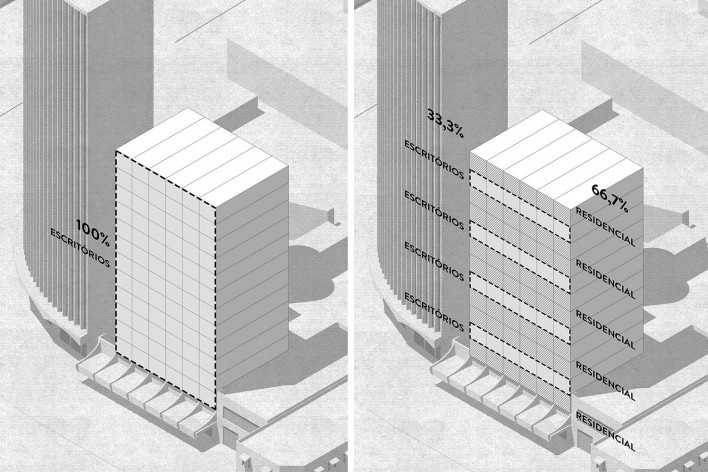 H.O.M.E. — Housing and Office Modular Environment, isométrica do edifício atual e da proposta com pavimentos mistos intercalados, São Paulo, 2020. Arquitetos Ricardo Gonçalves, Matheus Marques, Rolando Figueiredo e Luisa Favilla / Hiperstudio<br />Imagem divulgação  [Hiperstudio]