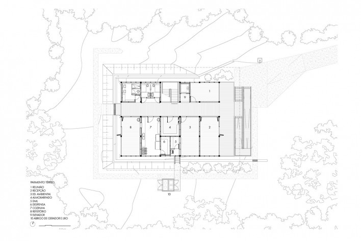 Sede Administrativa Fundação Florestal — Juréia-Itatins, planta pavimento térreo, Peruíbe SP, 2019. 23 Sul Arquitetura<br />Imagem divulgação  [23 Sul Arquitetura]