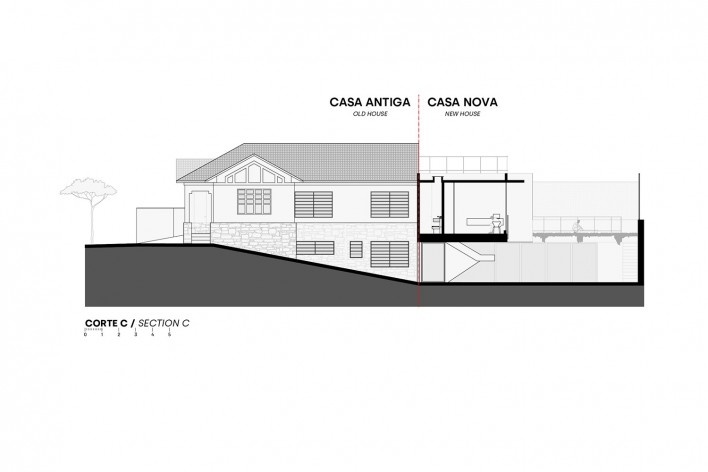 Casa Floresta, corte CC, Belo Horizonte MG Brasil, 2021. Arquitetos Zargos Rodrigues, Rodrigo Pereira, Frederico Rodrigues, Carla Deltreggia, Ika Okamoto, Letícia Armond, Nathalia Melo e Laís Parreiras (autores) / Estúdio Zargos<br />Imagem divulgação  [Estúdio Zargos]