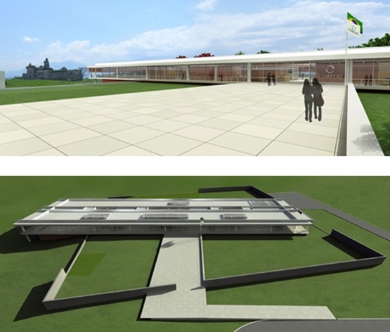 Perspectiva aérea e perspectiva fachada sul<br />Desenho do escritório 