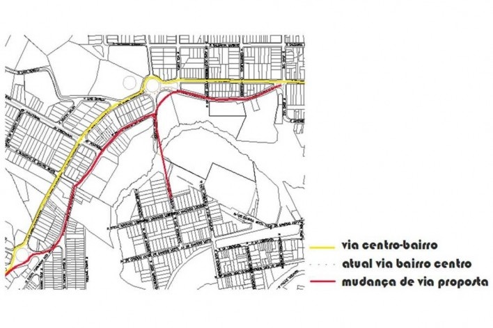 Detalhe da mudança da via que possibilitou a ampliação da praça existente<br />Desenho da autora 