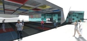 Grelhan de vidro colorido (a grelha de concreto sobre a praça de exposições)<br />Imagem dos autores do projeto 