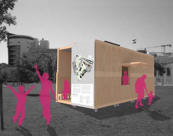 Projeto de quiosque para parques públicos de São Paulo, vista externa, Beni Goltsman Barzellai, Guilherme de Barcellos Lozinsky, Mariana Magalhães Costa e Patricia Tinoco. 1º. prêmio categoria estudantes, 2009.